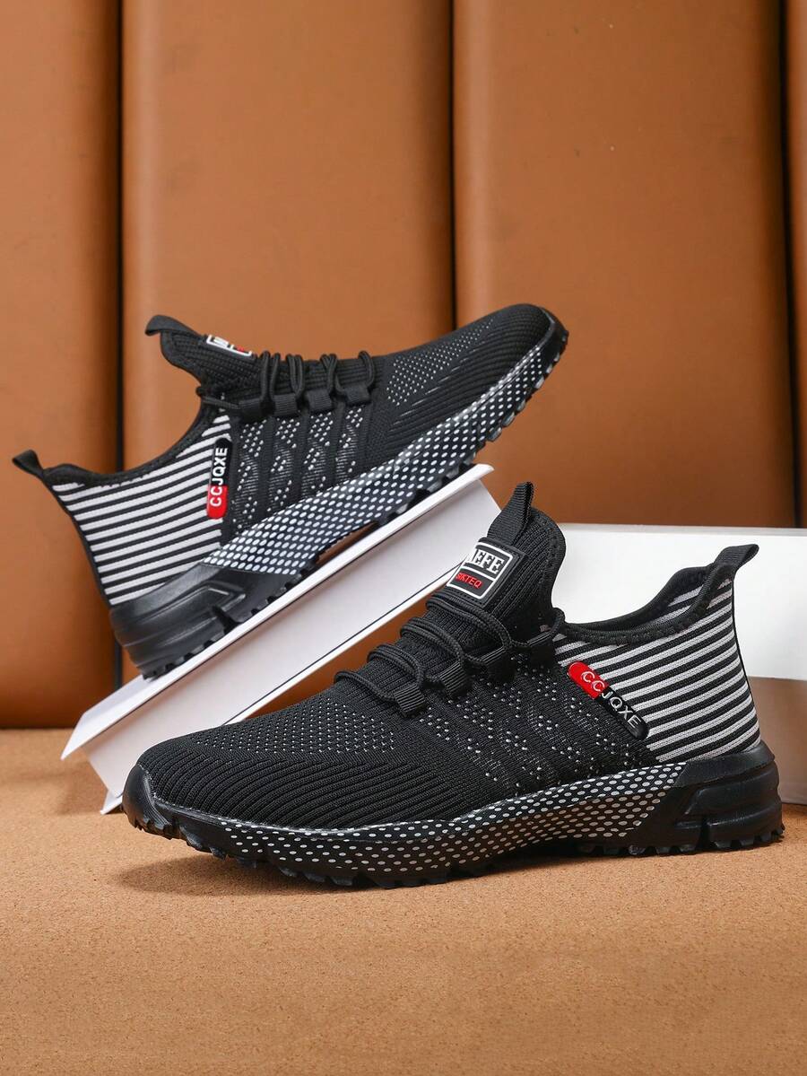 春秋新款透气男鞋，韩版休闲系带运动鞋，软底轻便防滑跑步鞋 - 黑色 - 查看 1