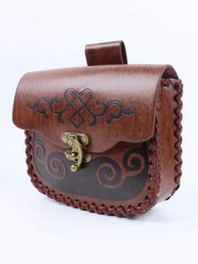 1PC Viking-Inspired Brown PU Leather Waist Bag With Celtic Pattern – Medieval Cosplay Festival Belt Pouch - A - View 5