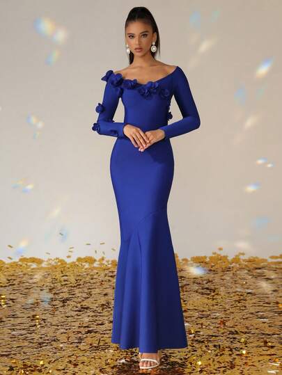 Love Aing Ladies' Royal Blue Long Dress For Valentine's Day, Middle East Ramadan, With Three-Dimensional Flower Positioning, One-Shoulder, Long Sleeves, Elegant Dress-Up, Suitable For Carnival, Formal Dinner, Evening Dress, Wedding Guests, Festival Cocktail Party, Banquet, Fishtail Long Dress.