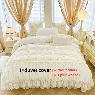 1 件蕾丝边饰被套（仅被套，不含填充物和枕套），床上用品，可机洗，带四角系带，适用于卧室、家庭、酒店