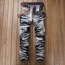 Men's Plus Size Washed Vintage Wrinkled Jeans Men's Mid-Waist Long Pants Retro Washed Straight-Leg Pants - Xanh lam và trắng 518 - Xem 1