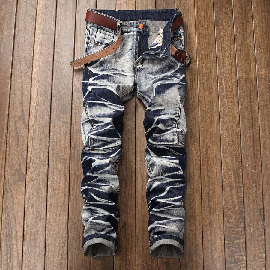 Men's Plus Size Washed Vintage Wrinkled Jeans Men's Mid-Waist Long Pants Retro Washed Straight-Leg Pants - Xanh lam và trắng 518 - Xem 1
