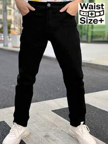 Men Solid Color Casual Slim-Fit Jeans, Straight-Leg Dark Jeans Long Plain Black Washed Cargo Jeans, For Husband, Boyfriend Gifts Going Out Hang Out Commute Work Urban Christmas Gift For My Husband Vaqueros Para Hombre - (30L) Metallic Black - Regular Size - 查看 2