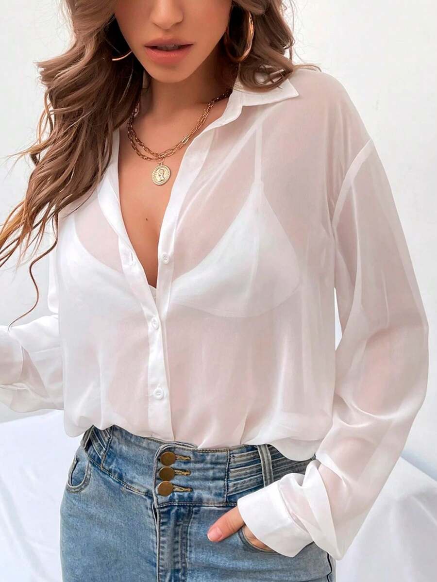 Swisz Black Blouse/Shirt With Sheer Tulle, Sensual And Elegant, With Buttons - Blanco - Ver 1