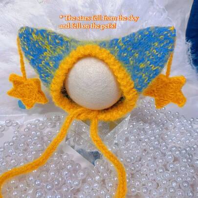 1pc Handmade Cute Fluffy Oversized Cat Ear Hat, Original Handcraft, Luxurious Tassel Bow Rhinestone Design, Artistic Mixed Color Fashion, Unique Taste, Handmade Craft, Gift, Pet Costume Hat, Cat Dog Headwear, Decorative Accessory