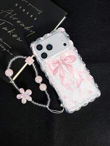 1pc Pink Continuous Bow Unique Elegant Design 2D Print Transparent Braided Frame Anti-Drop Phone Protective Case, Matching Pink Bracelet, Suitable For Self-Use, Girlfriend/Valentine's Day/Eid Gift, Compatible With IPhone11/12/13/14/15/16/16PRO/16PROMAX, Galaxy A05/A15/A25/A35/A53/A54/A55/S23/S24 - Clear - View 5