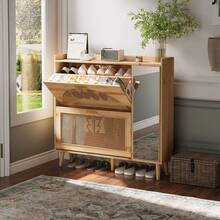Huisuilinss Rattan Shoe Cabinet With 2 Flip Drawers,Shoe Storage Cabinet With Mirror,Freestanding Shoe Rack Cabinet With Adjustable Shelves,Shoe Storage Organizer For Entryway Closet Hallway - 木質色 - 查看 1