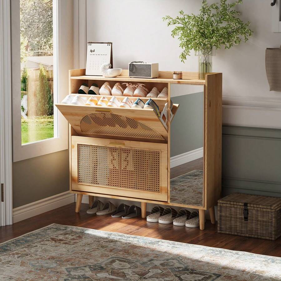 Huisuilinss Rattan Shoe Cabinet With 2 Flip Drawers,Shoe Storage Cabinet With Mirror,Freestanding Shoe Rack Cabinet With Adjustable Shelves,Shoe Storage Organizer For Entryway Closet Hallway - 木質色 - 查看 1