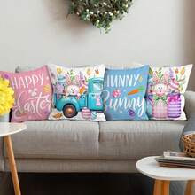 4pcs Easter Farmhouse Style Throw Pillow Covers, "HAPPY Easter, HUNNY Bunny" Cartoon Rabbit & Egg Design, Polyester Fabric Single-Sided Printed Zippered Pillow Shams, Suitable For Porch, Sofa, Living Room, Bedroom Decor, Rustic Aesthetic, 45*45cm (Inner Pillow Not Included) - Multicolor - View 7