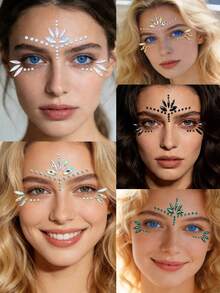 1pc Colorful Self-Adhesive Face Gems, Suitable For Music Festivals, Performances, Costume Parties, Holidays, Carnivals, Daily Makeup, Glittery Colors Include Black, Pearl, Green, Blue, Waterproof & Long-Lasting, Y2K Style For Group Matching - Multicolor - View 3