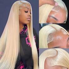 13*4 13x6 高清蕾丝闭合假发，直发，真人混纺发丝，34英寸 - 200%高密度，预先拔毛和修剪，无胶假发，漂白发结，佩戴即走，自然色，无需胶水，即刻佩戴 - 613 - 查看 7