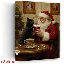 1pc Framed Canvas Wall Art, Vintage Framed Canvas Art - Santa Claus With Hot Chocolate & Black Cat, Inspirational Wall Decor For Home, Perfect Holiday Gift For Family & Friends, Festive Christmas Decoration, Christmas Decorations, Perfect For Thanksgiving Ready To Hang - Framed - View 1