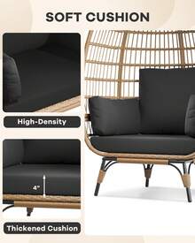 Sillón de ratán extragrande con forma de huevo para interior y exterior, con estructura de acero y 4 cojines para patio y porche, color negro. - Negro - Ver 6