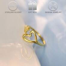 1pc 925 Sterling Silver Minimalist Asymmetric Heart Design Open Ring, Suitable For Daily Wear, Valentine's Day, Holiday, Wedding, Engagement Gift - Gold - View 2