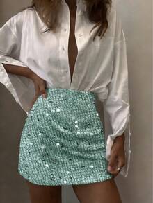 Elegant Women's Short Sequin Bodycon Skirt With Ruffle Design, Suitable For Party, Date, Office And Other Occasions - Mint Green - View 4