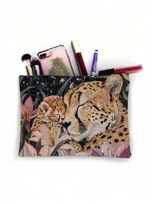 1pc Cosmetic Pouch, Embroidery Style Makeup Case, Cheetah Family Surrounded By Lilies Zipper Travel Toiletry Organizer, Gift Bag For Women, Sister, Best Friend, Birthday Present, Large Capacity Makeup Bag With Zipper Closure Make Up Organizer Toiletry Travel Bag - Multicolor - View 5