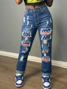 女士休闲破洞水洗直筒牛仔裤，饰有美国国旗贴片，长款，略带弹性的面料 - 藍色 - 查看 1