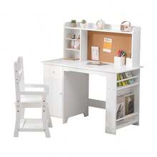 Kids Desk, Study Desk And Chair Set For Boys And Girl, Wooden Kids Writing Table With Bookshelf, Bulletin Board, Cabinet And Drawer For Ages 3-8 - White - View 2