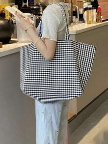 Personalized Name Canvas Tote Bag, Minimalist Plaid Canvas Bag, Friend Theme Birthday Party, Bridal Party, Bridal Shower, Bridesmaid Gift, Cosmetic Bag - Multicolor - View 3