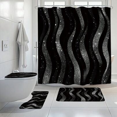 1/4pcs Creative Gradient Shiny Diamond Line Bathroom Set - Waterproof Polyester Shower Curtain, Anti-Slip Bath Mat, U-Shaped Carpet, Toilet Seat Cover With 12 Hooks - Modern Style, Suitable For Home Decor, Bathroom Decor And Accessories, Easy To Clean And Maintain, Elegant Housewarming Gift - Fit For All Seasons