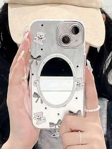 1pc Premium Bow Bear Mirror Kickstand Feather Veil Phone Case, Compatible With 11/12/13/14/15/16 Pro/17 Pro Max, Minimalist Full-Body Protective Cover With Lens Film, Ideal Valentine's Day Gift - Silver - View 2