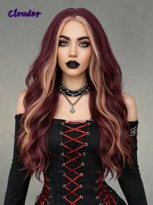clouder Gothic Punk Grape Red Highlighted Orange Long Wavy Curly Wig 26-Inch Center Part Bangs Heat-Resistant Synthetic Fiber Wig Women's Soft Voluminous Curls Suitable For Daily Cosplay, Street Style, Holiday Parties, Music Festivals, Y2K Aesthetic, Avant-Garde College Style, Modern Fashion Punk Looks - 挑染棕色 - 查看 2