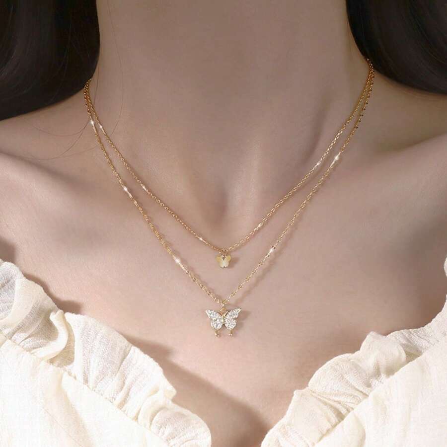 eTel LiKe Bohemian Style Gold & Silver Double-Layer Chain Butterfly Necklace, Creates Casual Fashionable Look, Suitable For Women's Daily Wear