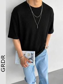 GRDR Waffle Knit Premium T-Shirt, Men's New Summer Round Neck Casual Minimalist Short Sleeve Tee - Black - View 3