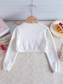 Girls Elegant Solid Color Hollow Out Short Knitted Cardigan, Single Button, Lightweight Shawl - White - View 2