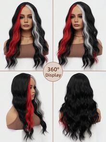clouder 哥特朋克黑灰红双色长波浪卷假发，26英寸中分刘海，耐热合成纤维假发，女士哑光质感卷发，适合日常角色扮演、节日派对、音乐节、Y2K街头风、前卫学院风、现代时尚朋克美学。 - 彩色 - 查看 5