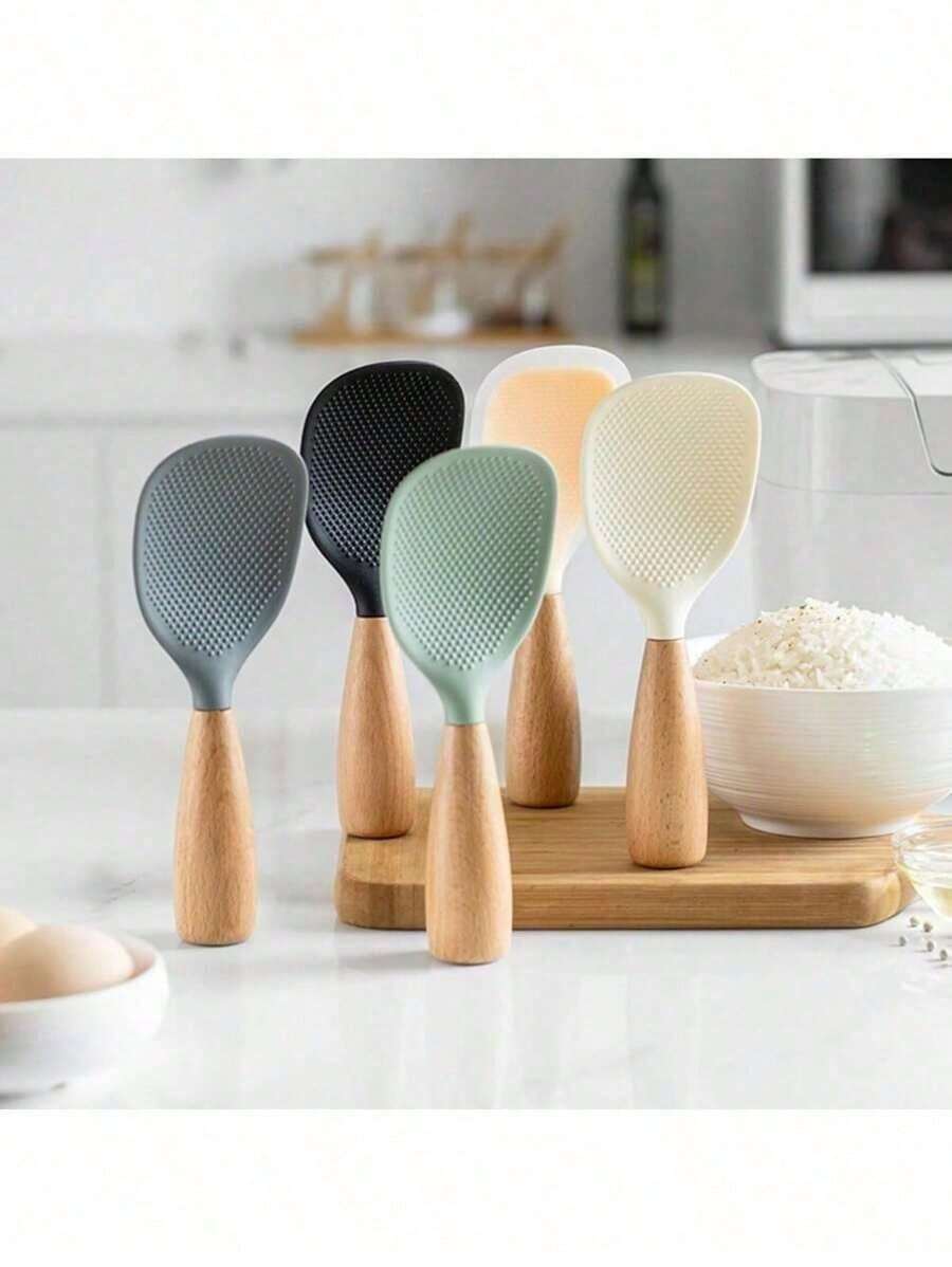 Rice Paddle Spoon Non-Stick Vertical Rice Spoon Kitchen Tool With Wooden Handle Stand Up Serving Spoon Spatula For Kitchen Cooking - 白色 - 查看 1