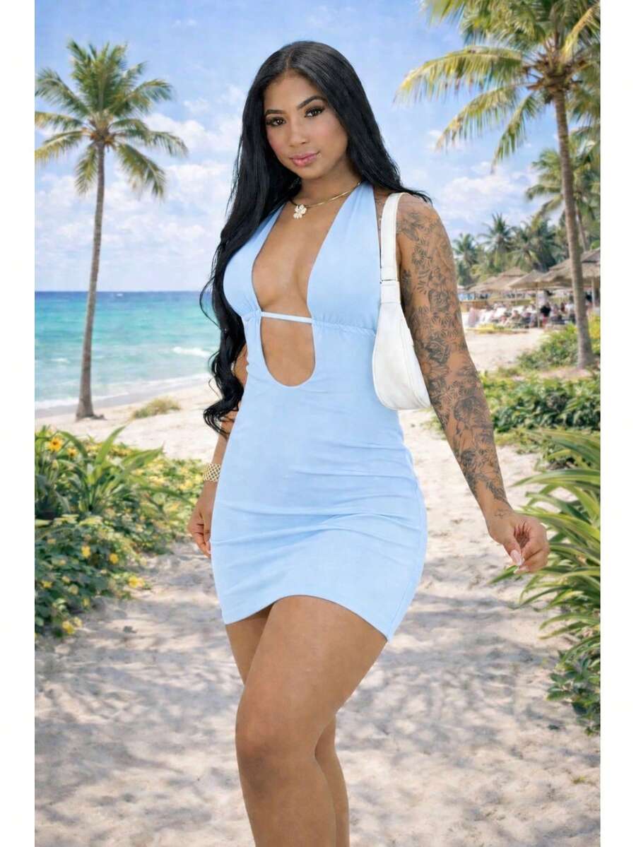 Vestido Curto Feminino Suplex com Decote em V Ideal para Praia e Verão - Azul bebê - Visão 1
