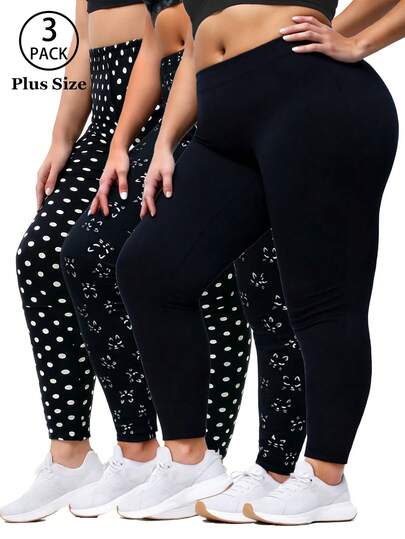 Plus Size Women's Black Leggings, High Stretch Skinny Casual Sports Pants With Polka Dot Print, Shapewear Yoga Pants For Home, Outdoor Walking, Shopping, Fitness, Weightlifting