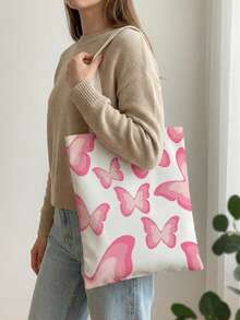 粉色蝴蝶双面印花单肩手提包，潮流蝴蝶包 - 彩色 - 查看 2