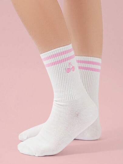 Women Cute Cherry Pattern Round Neck Socks, Suitable For School Students Daily Life Cherry Fruit Minimalist Design Mid-Calf Socks, Suitable For Everyday Household Wear