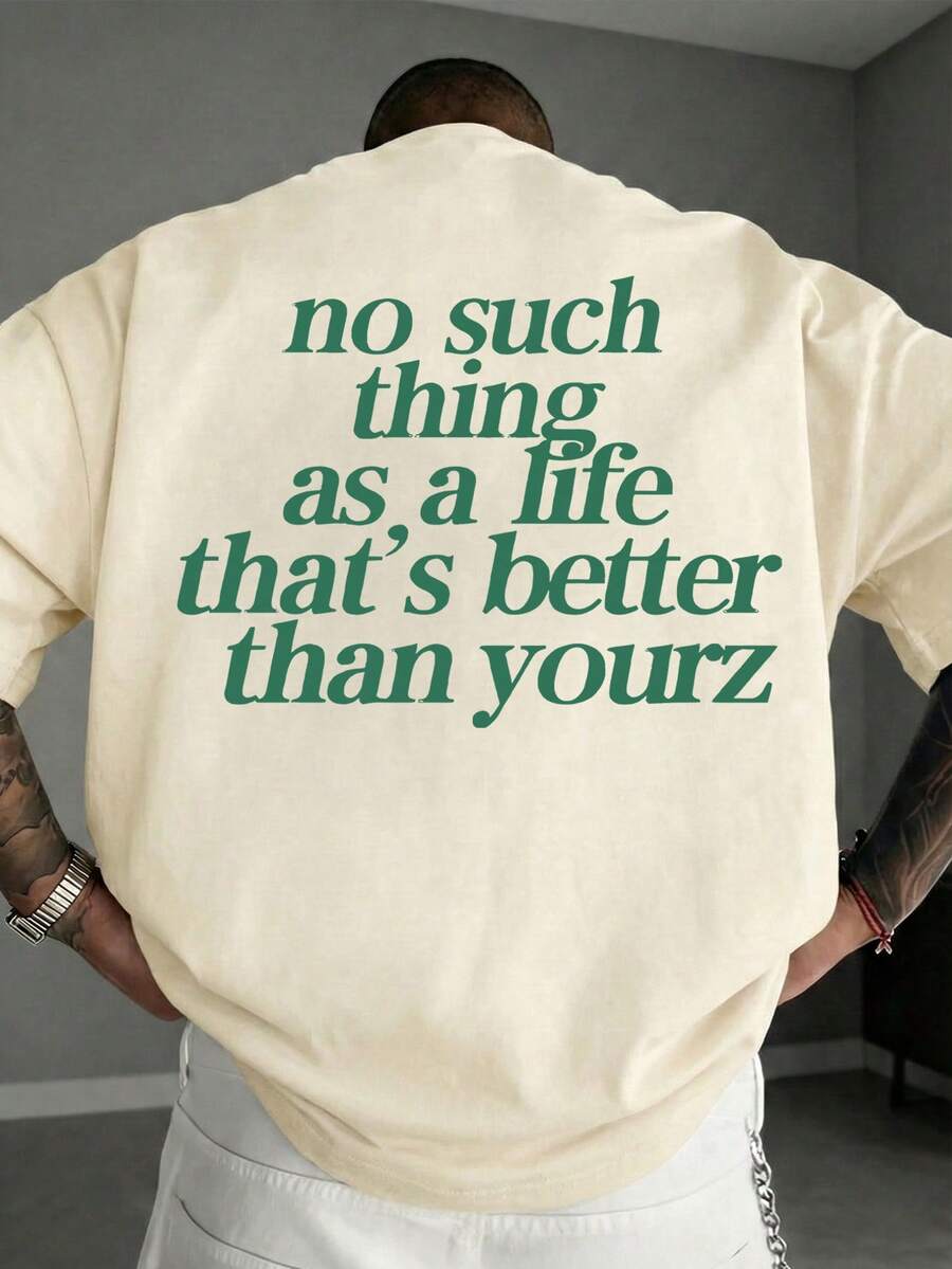 Men's Graphic Tees, Print With NO SUCH THING AS A LIFE, Cotton Streetwear T-Shirt, Round Neck, Loose Fit, Fall & Holiday Travel, Unisex, Goth & Y2K Style - 杏色 - 查看 1