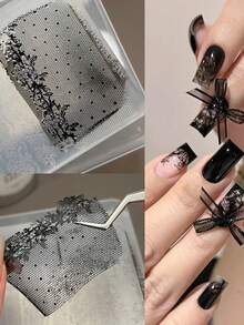 1个超薄蕾丝硅胶美甲模具 5D黑白蕾丝花朵法式格纹玫瑰图案指甲油填充模具 - 杏色 - 查看 3
