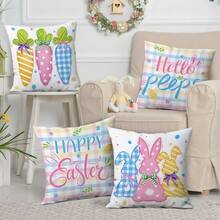 4 pièces Housses de coussin de Pâques minimalistes et de style dessin animé, avec des éléments de carreaux roses, de lapin, de carotte. Décoration printanière. Housses de coussin carrées en polyester imprimées sur un seul côté, avec fermeture éclair sans insert de coussin. Convient pour le canapé, le salon, la chambre, la décoration extérieure, le style campagnard. - Multicolore - Voir 3
