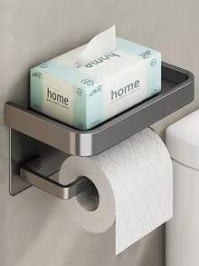 1pc Wall-Mounted Toilet Paper Holder - Grey Plastic Double Roll Tissue Dispenser With Storage Shelf - B-Black - View 3