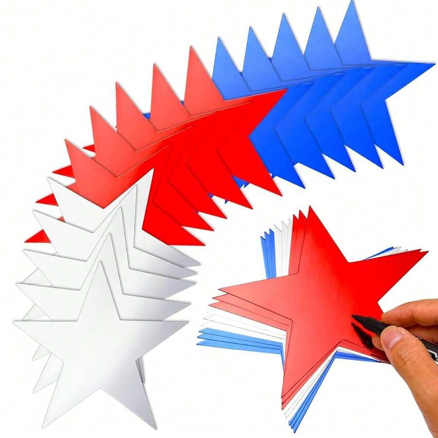 FOBSME 120 Pieces Patriotic Star Cutouts Red Blue Silver Paper Star Cutout 4th Of July Stars Aluminum Foil Paper Cutouts 6 Inch Glitter Stars Decor For Day Memorial Day Party Supply - 紅色 - 查看 1