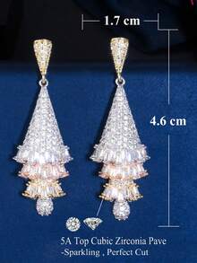 一对精美三色镀金多层立方氧化锆长款垂坠耳环，CZ新娘首饰，适合婚礼、订婚、派对、舞会等场合，可作为新娘、伴娘、女友、妻子礼物。 - 白色 - 查看 4