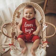 Baby Boy Valentines Day Outfit Lover Letter Print Romper Toddler Boys One Piece Jumpsuit Corduroy Overalls 0-3Y . Valentines Day Baby Boy Knit Romper, My First Valentines Day Baby Boy Overalls - 紅色 - 查看 3