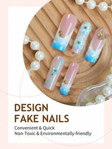 Y2K 花卉亚克力美甲 24 片长方形按压式美甲，DIY 蓝色花朵 3D 假指甲套装，带蝴蝶/金色珠子配件，适合美甲沙龙、女性日常佩戴、节日派对和送礼。 - 彩色 - 查看 3