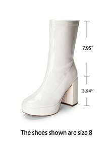 Women's Chunky Platform Mid-Calf Boots Waterproof Square Toe Fashionable Lightweight Comfort Elegant Bright Solid Color Side Zipper Classic For Parties Dress Festival Ankle Go Go White Boots - 白色 - 查看 2