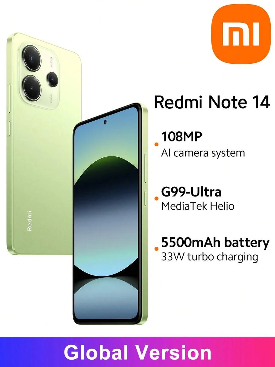 Xiaomi Redmi Note 14 Smartphone Global Version, Helio G99 Ultra Processor, 6.67" 120Hz AMOLED Display, 108MP AI Camera, 33W Super Charge, 5500mAh Battery, IP54 Water & Dust Resistant, *Non-NFC Version, 100% Authentic, Perfect Christmas Gift For Kids And Parents - Green - View 1