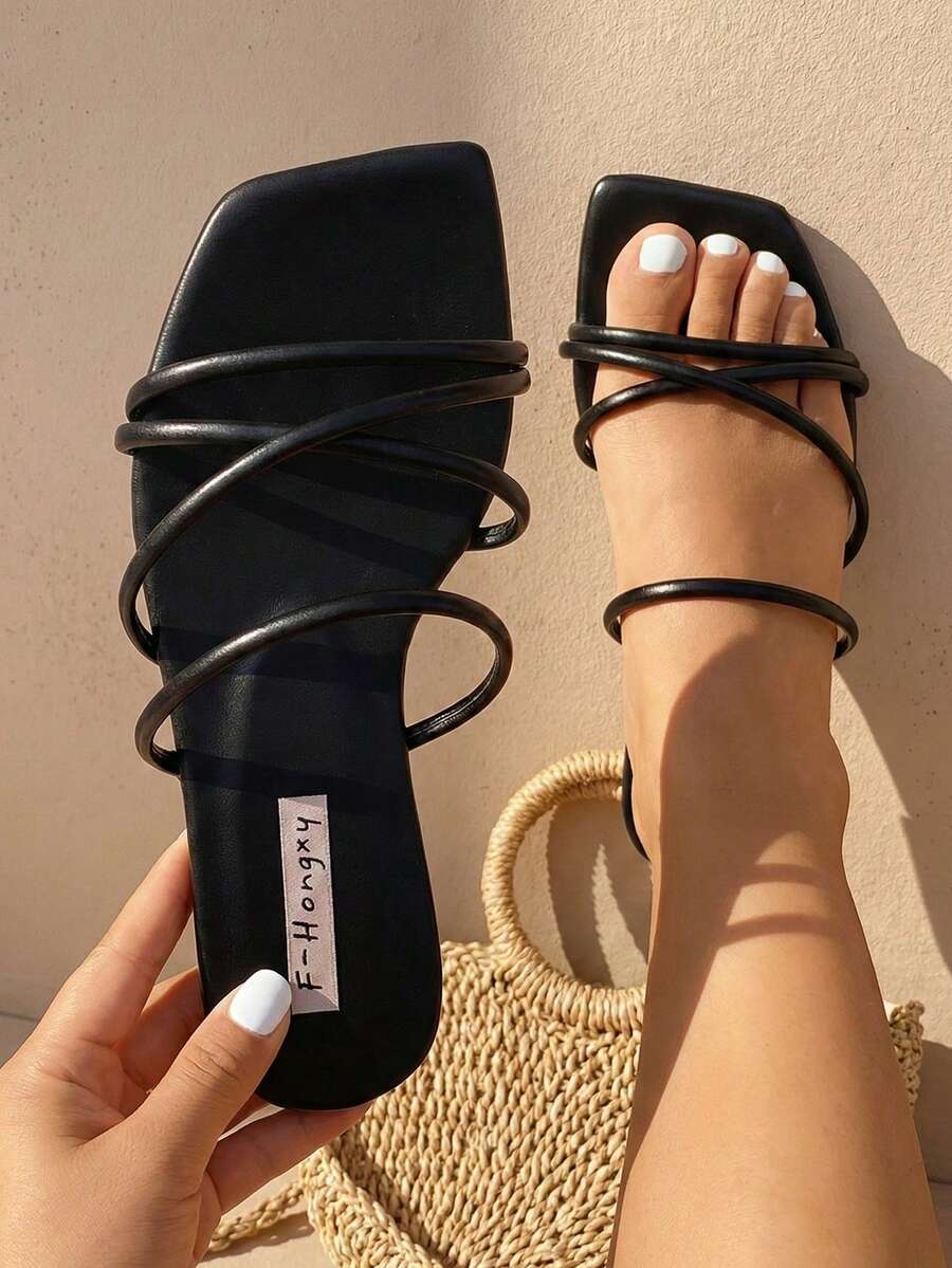 Elegant Outdoor Women's Black Flat Slide Sandals, Simple Multi-Strap Faux Leather Open Toe Slip-On Slippers,Spring Summer Outfits