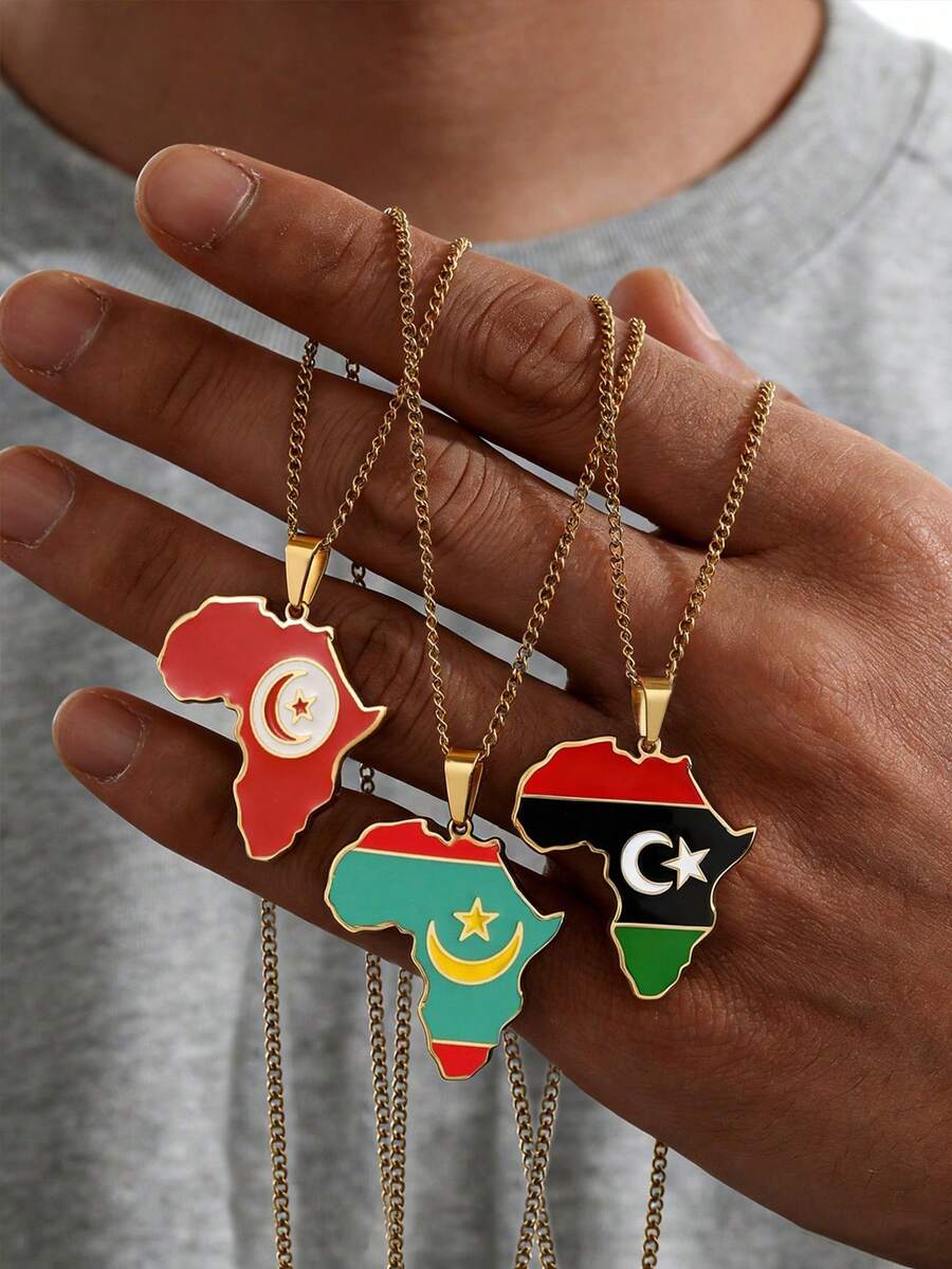 18K Gold Plated 1pc African National Flag Drip Oil Stainless Steel Map Necklace Men's Jewelry National Day Souvenirs Gift - Multicolor - View 1