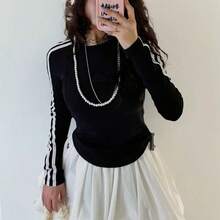 Adidas Sporty Lifestyle Casual Striped Slim Fit Long Sleeve Raglan Sleeve T-Shirt For Women, JY6949, Black And White - Black and White - View 7