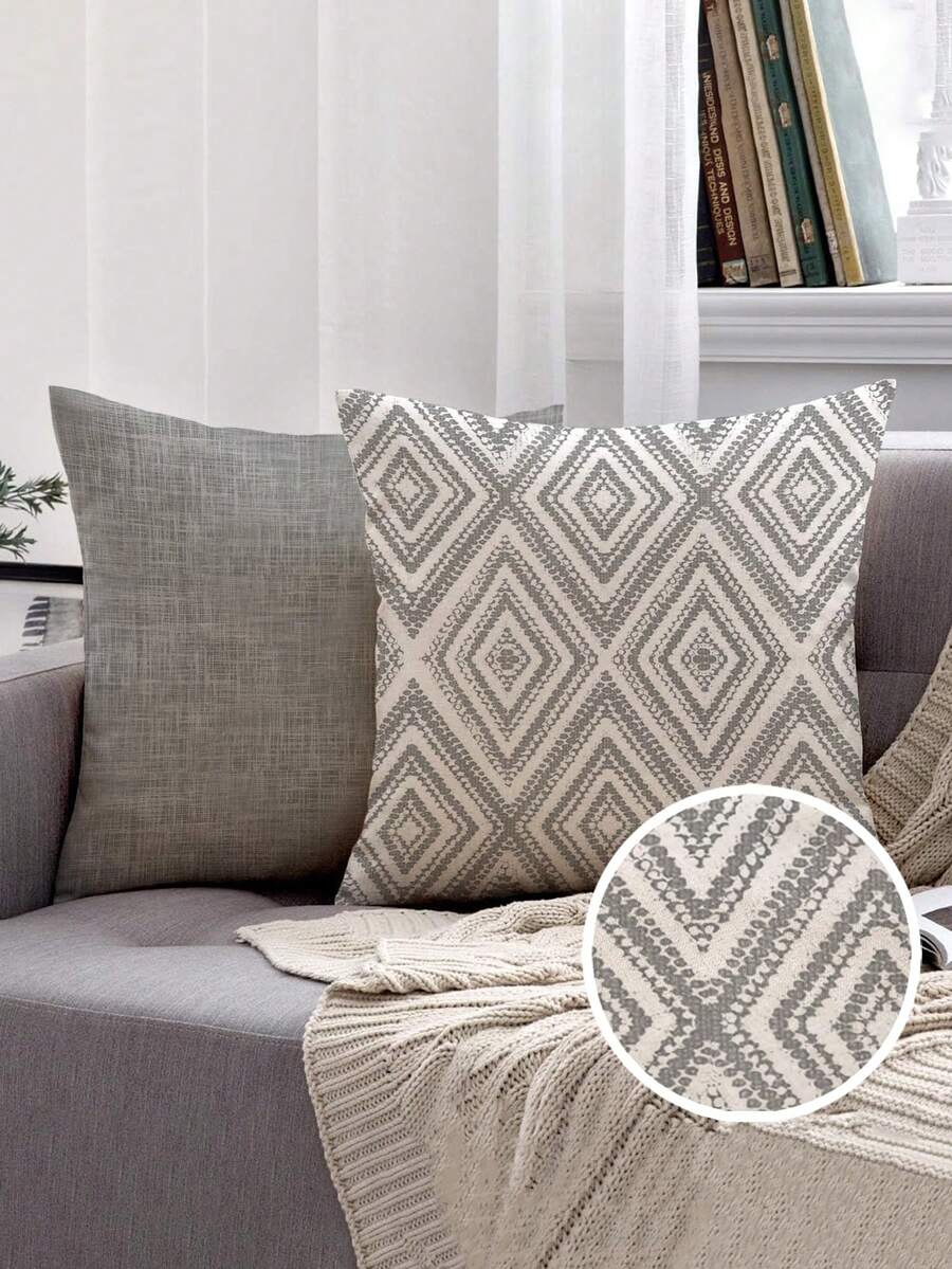 2pcs Decorative Pillow Covers, Geometric Pattern Cushion Covers, 100% Hypoallergenic Polyester Fiber Pillow Covers, Vintage Linen Material, Hidden Zipper Closure, Machine Washable, Minimalist Stylish Line Pattern, Home Decorative Pillow Covers, Sofa Living Room Bedroom Pillow Covers, No Pillow Insert - Grey - View 1