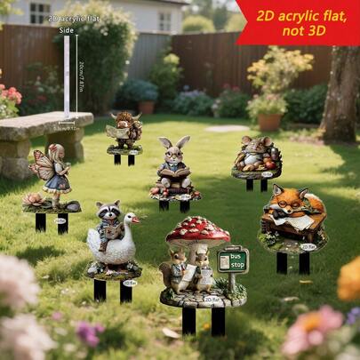 2D Acrylic Fairy Tale Garden Stakes, Forest Animal & Mushroom Design, Outdoor Lawn & Yard Decor, Weather-Resistant Miniature Garden Ornaments, Spring & Summer Gift, Set Of 7